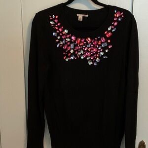 Halogen Black Sweater with Red and Pink Gem Embellishments